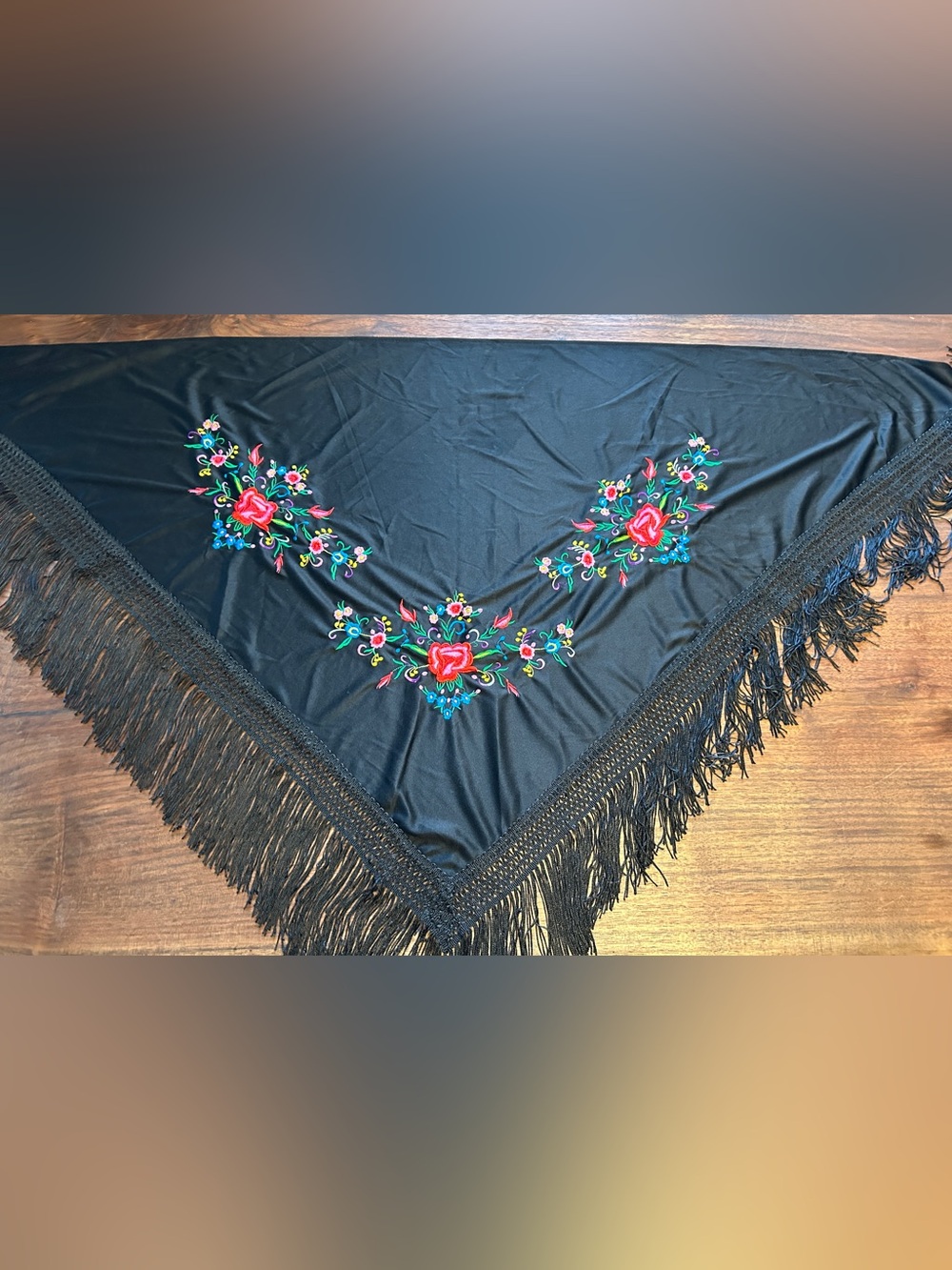 Black Triangle Shawl with fringe Multi-colored Floral Embroidered Mexican Floral